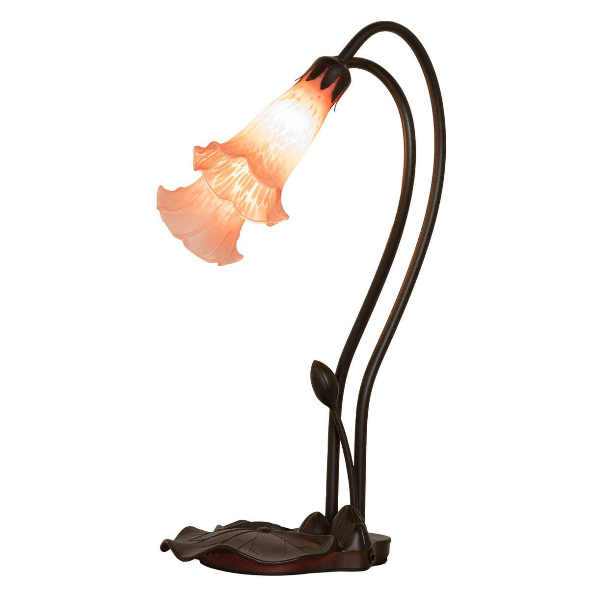 Side view of the Pink Pond Lily accent lamp with winding stems and intricate details.