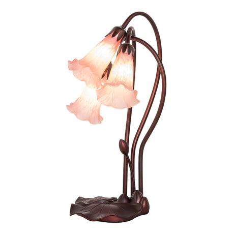 front view of pink tiffany pond lily accent lamp featuring three elegant lily shades.