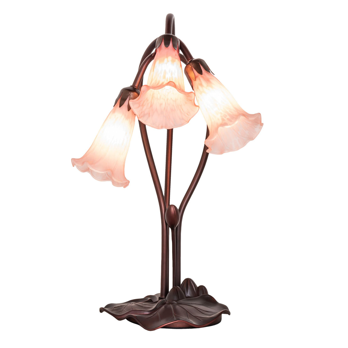 rear view of pink tiffany pond lily accent lamp with winding stems and lily pad base.