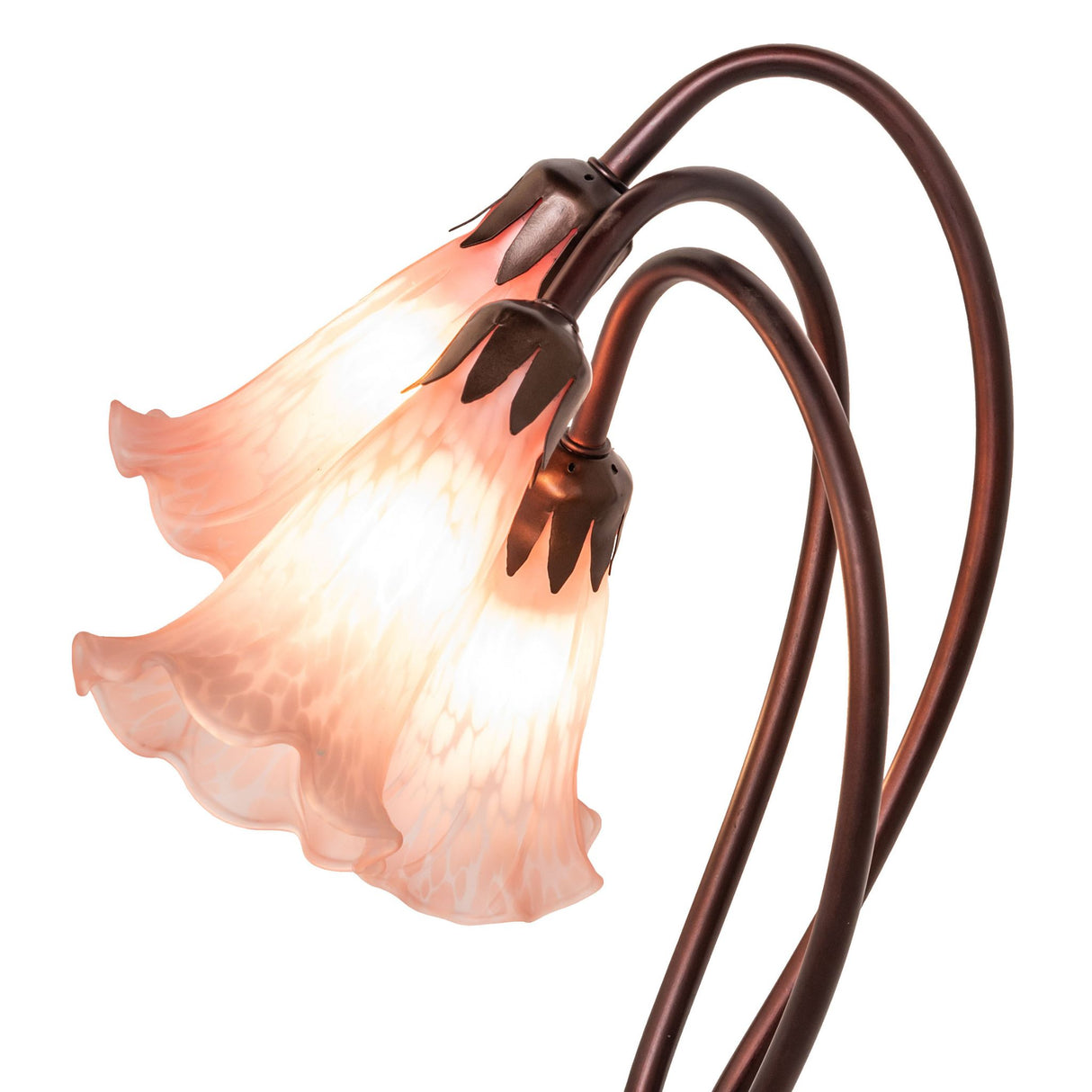 closeup view of petal pink hand-blown glass shades on pink tiffany pond lily accent lamp.