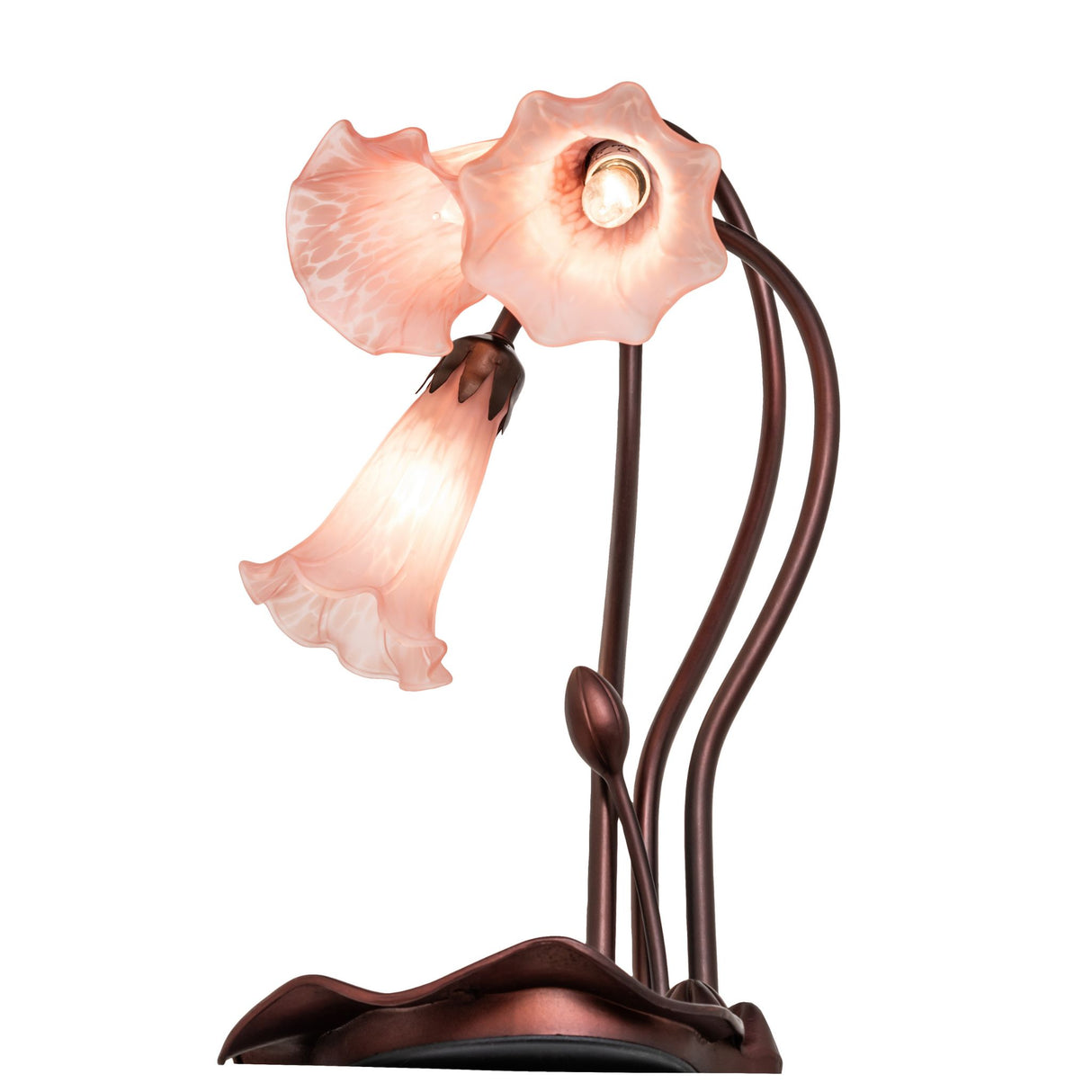 side angle view of pink tiffany pond lily accent lamp highlighting its artistic design.