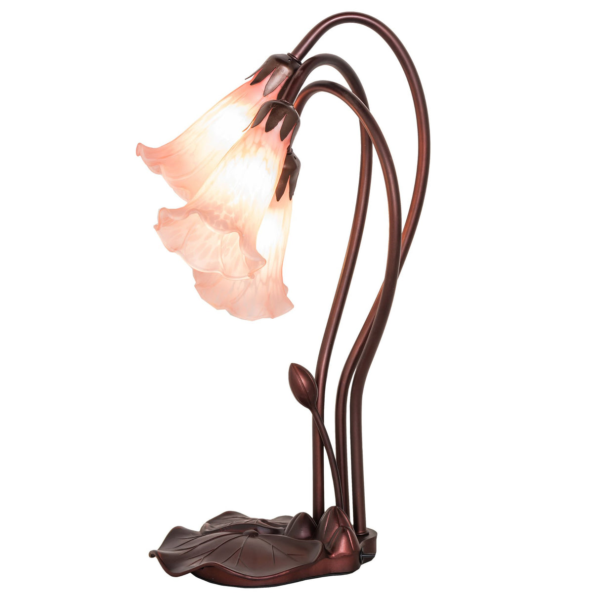 side view of pink tiffany pond lily accent lamp showing its elegant stems and shades.