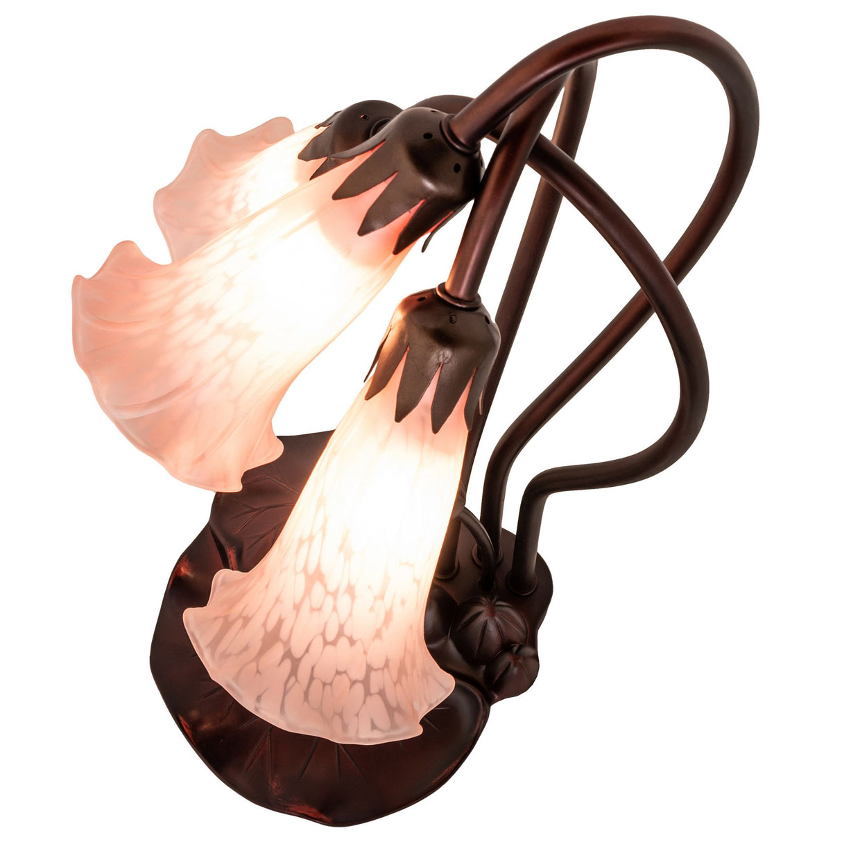 top view of pink tiffany pond lily accent lamp showcasing detailed shade arrangement.