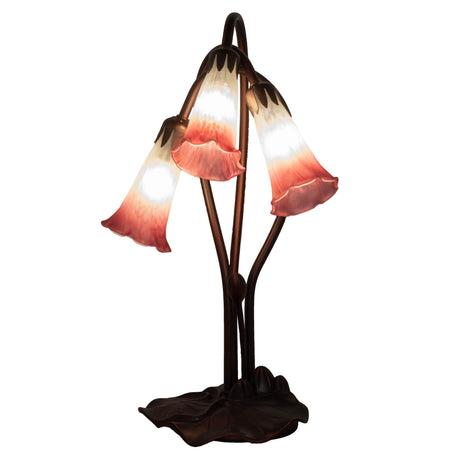 front view of pink/white pond lily accent lamp featuring three elegant lily shades.