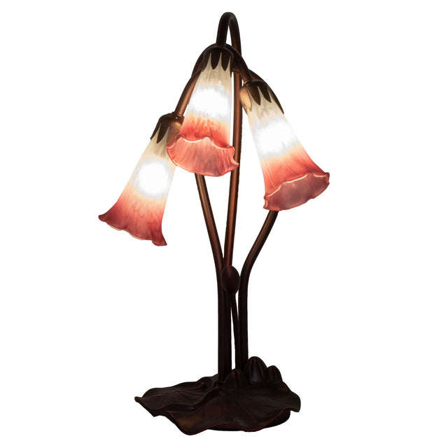 front view of pink/white pond lily accent lamp featuring three elegant lily shades.