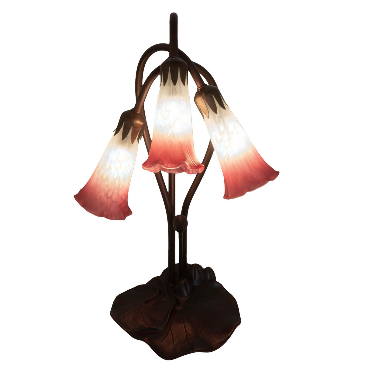 lit view of pink/white pond lily accent lamp with vibrant glowing shades.