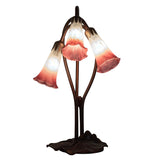 rear view of pink/white pond lily accent lamp with winding stems and lily pad base.