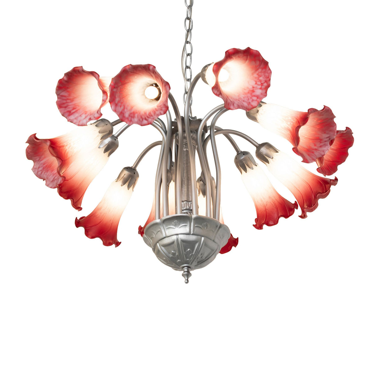 Top angle view of chandelier showing curved arms and layered glass shades.