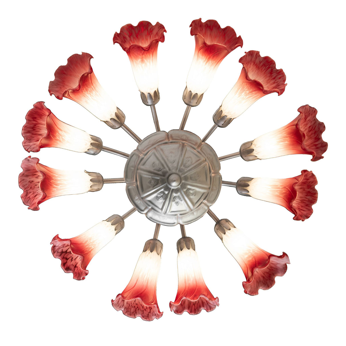 Bottom view of chandelier revealing decorative central canopy and glass shades.