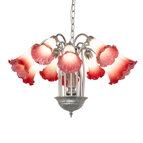 Lit view of chandelier, glass shades and light sandstone metal frame.