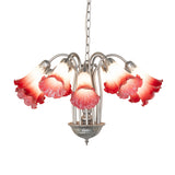 Side view of chandelier showing cascading arms and fluted glass shades.
