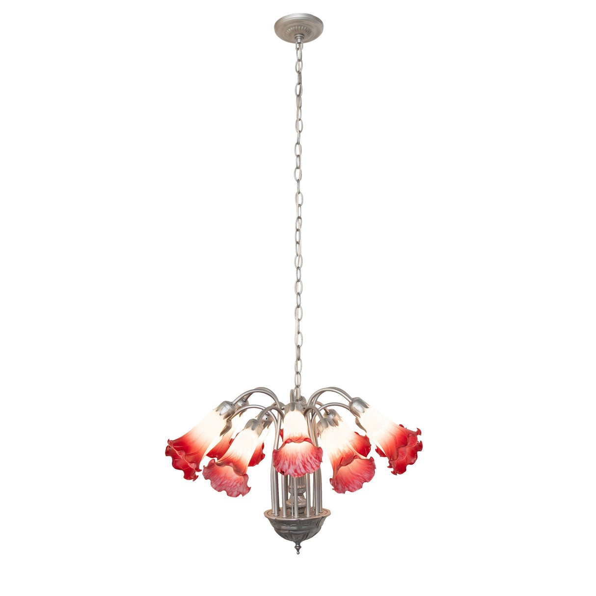 Full view of the chandelier metal frame, hardware supporting and glass shades.