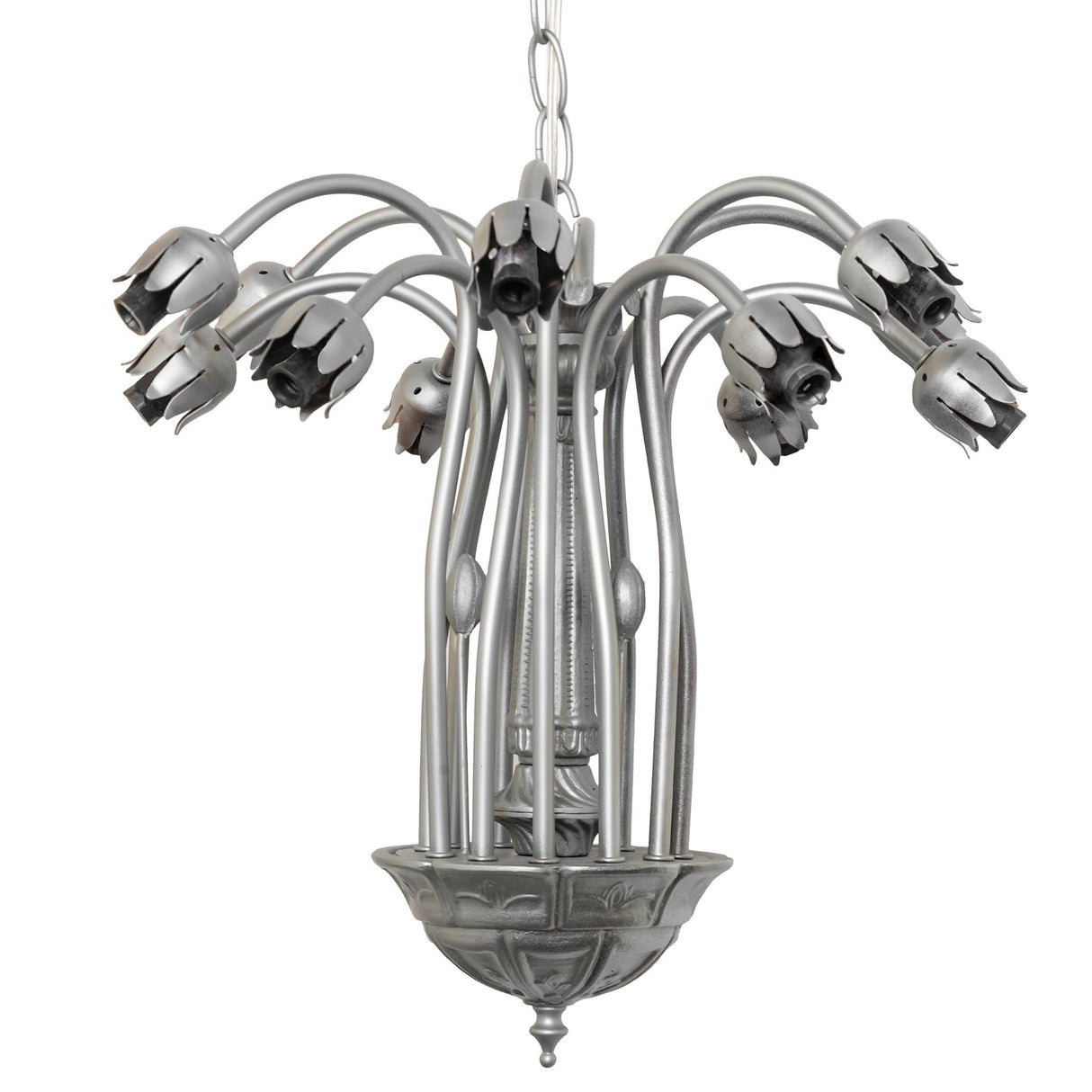 Close-up of metal arms and floral hardware supporting Tiffany pond lily glass shades.