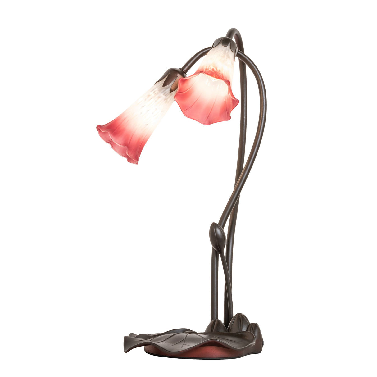Angled view of the Pink/White Tiffany Pond Lily accent lamp featuring artistic stems and shades.