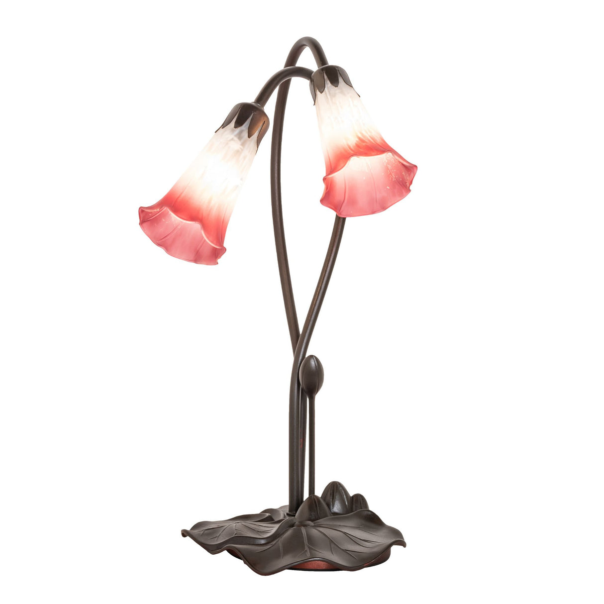 Front view of the Pink/White Tiffany Pond Lily accent lamp showcasing its elegant floral design.