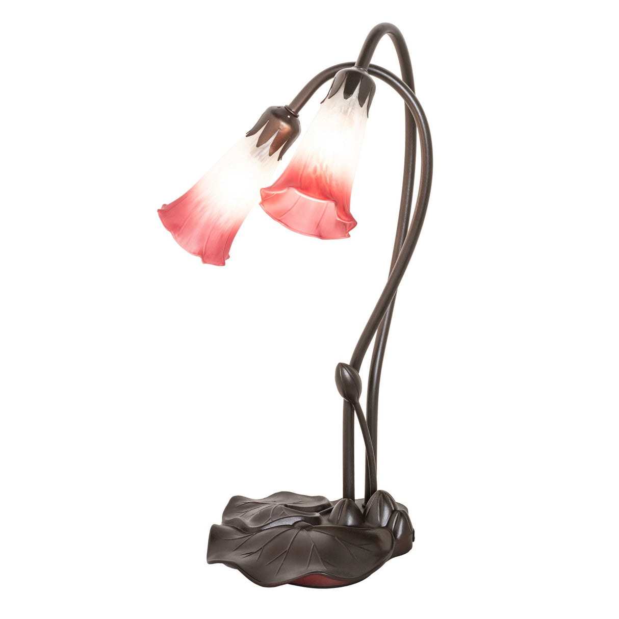 Pink/White Tiffany Pond Lily 2-light accent lamp with handcrafted Favrile-style glass shades.