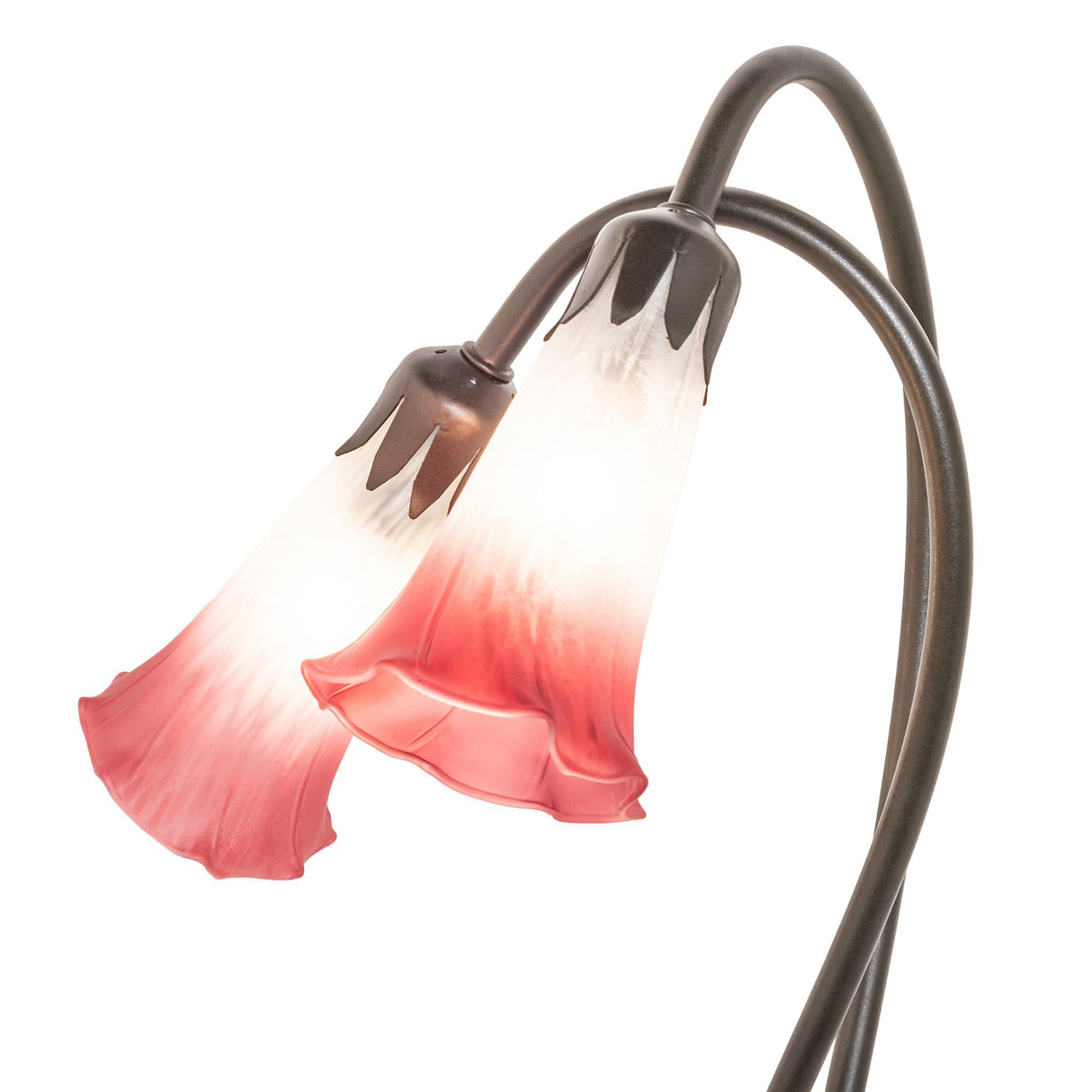 Closeup of the Pink/White Tiffany Pond Lily lamp’s intricate mouth-blown glass shades.