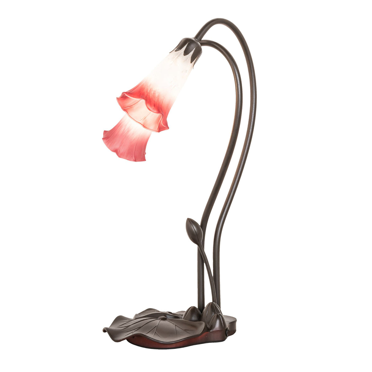 Side view of the Pink/White Tiffany Pond Lily accent lamp with delicate winding stems.
