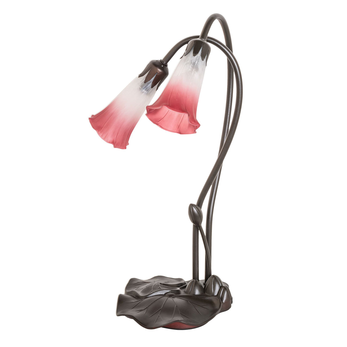 Unlit view of the Pink/White Tiffany Pond Lily accent lamp showcasing its elegant glass shades.