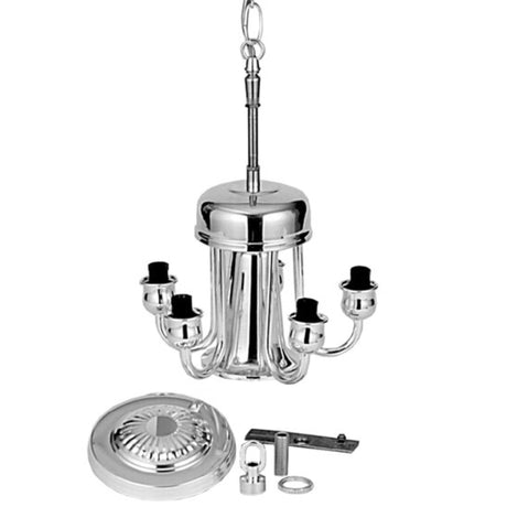 Complete front view of a polished brass 5-light chandelier with included hardware.