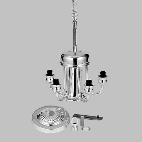 Top view of a polished brass 5-light chandelier with components displayed.