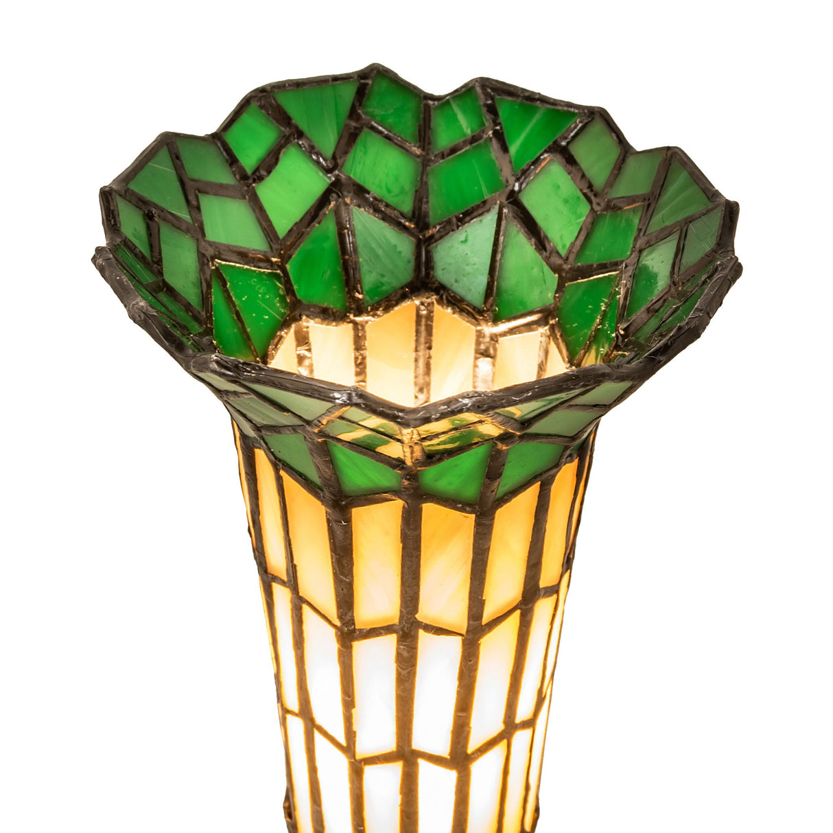 Close-up of the stained glass shade in green and beige on the Pond Lily Twin Cherub Accent Lamp.
