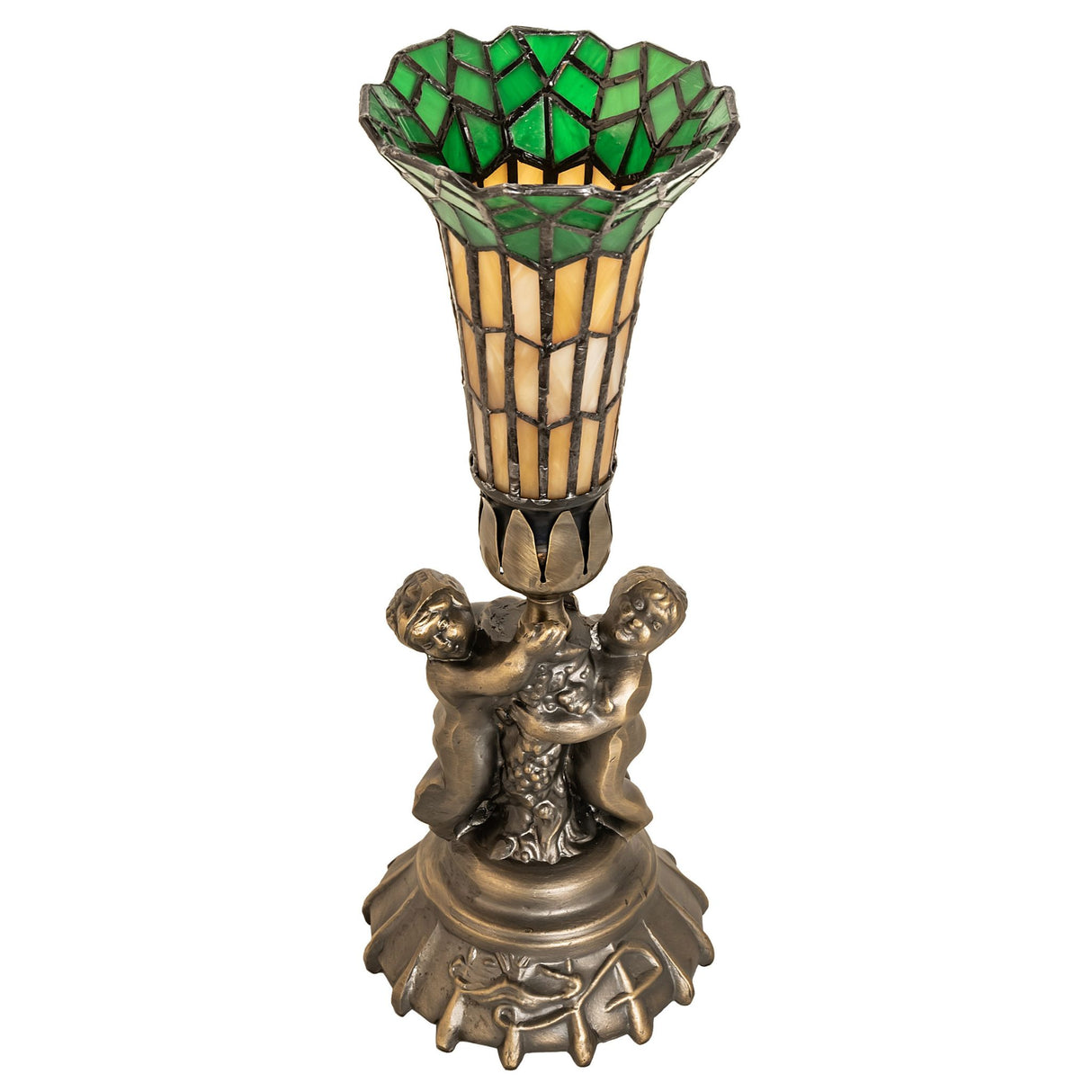 Detailed design of the Pond Lily Twin Cherub Accent Lamp highlighting the antique brass base.