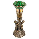Detailed design of the Pond Lily Twin Cherub Accent Lamp highlighting the antique brass base.