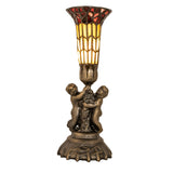 Front view of the Pond Lily Twin Cherub accent lamp featuring a Tiffany-inspired design.