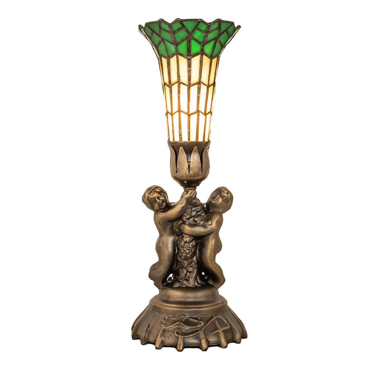 Full profile of the Pond Lily Twin Cherub Accent Lamp featuring cherubs and ornate base.