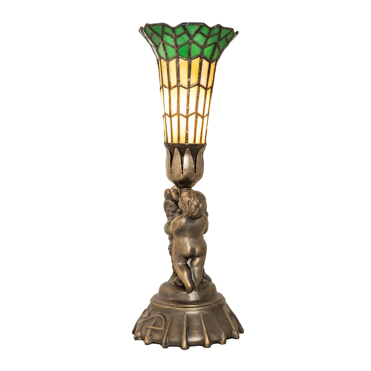 Side profile of the Pond Lily Twin Cherub Accent Lamp with elegant craftsmanship.