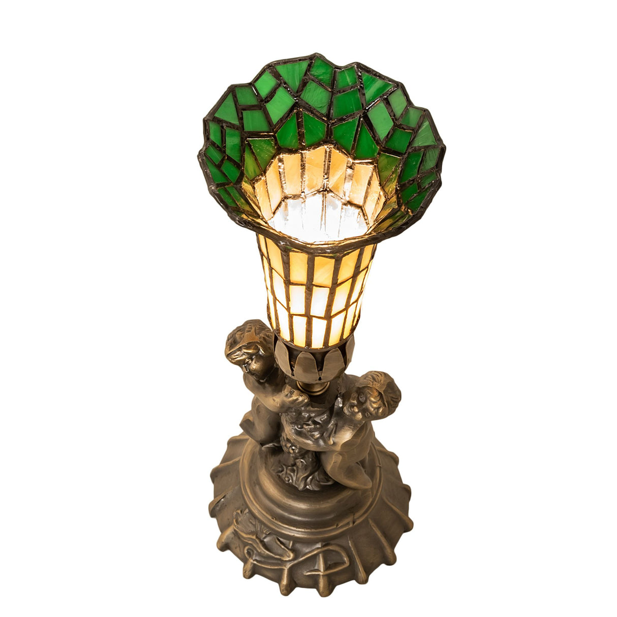 Top view of the Pond Lily Twin Cherub Accent Lamp showing the stained glass shade pattern.