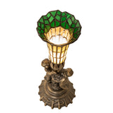 Top view of the Pond Lily Twin Cherub Accent Lamp showing the stained glass shade pattern.