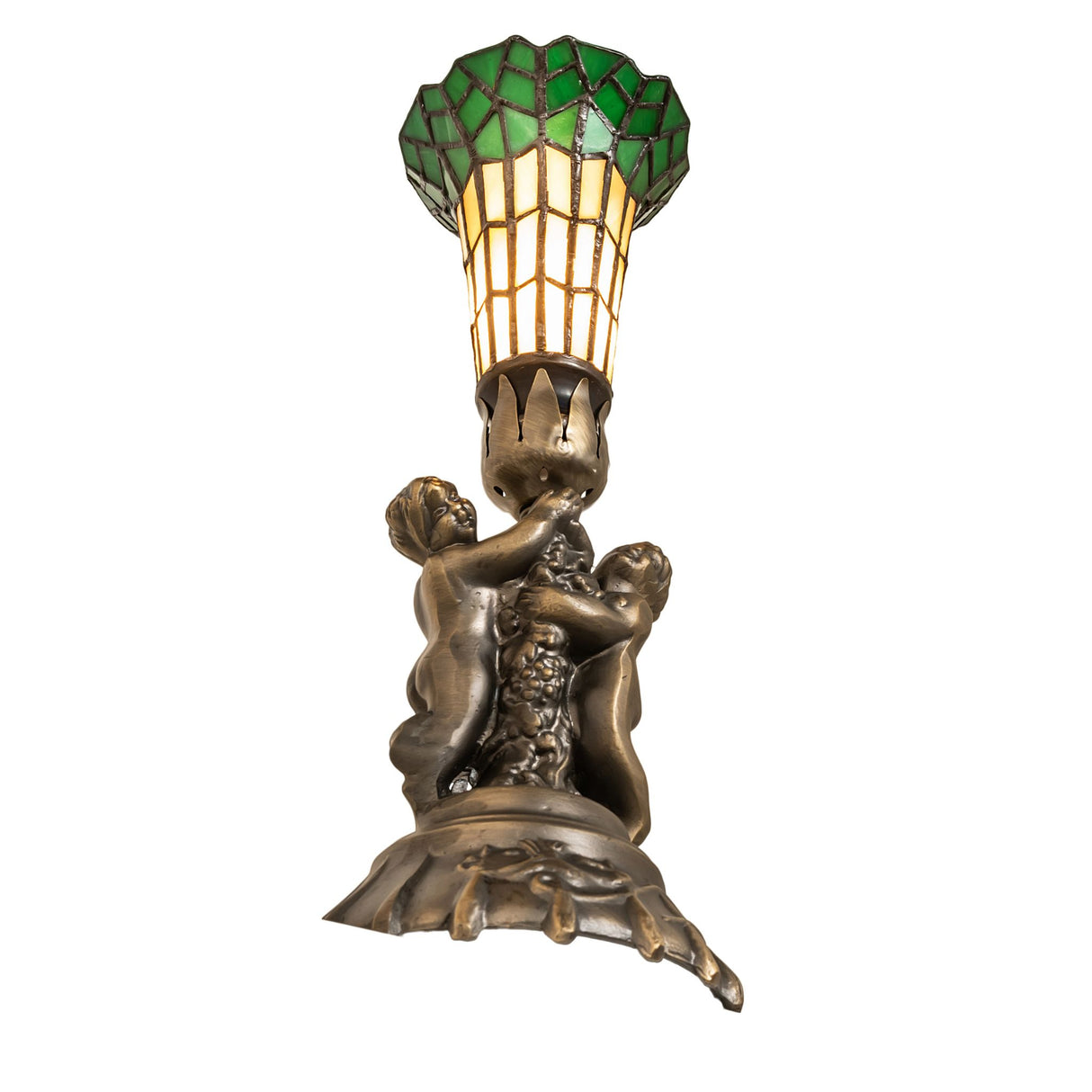 Pond Lily Twin Cherub Accent Lamp highlighting the cherubs and stained glass shade.