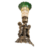 Pond Lily Twin Cherub Accent Lamp highlighting the cherubs and stained glass shade.
