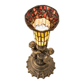 Top view of the Pond Lily Twin Cherub lamp showcasing the intricate stained glass design.