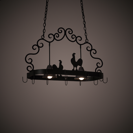 Ambient view of Poulet 2 Light Pot Rack chandelier lit.