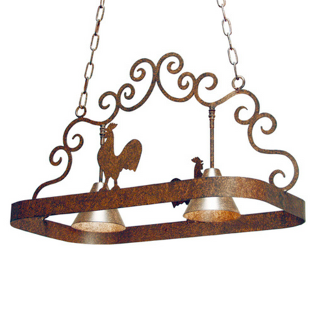 Farmhouse Poulet 2-light pot rack chandelier with rooster design, front view.