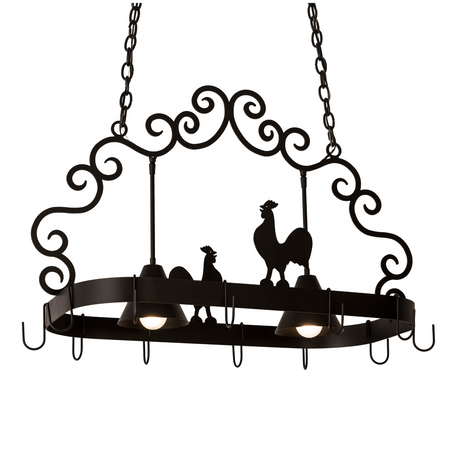 Front view of Poulet 2 Light Pot Rack with rooster accents.