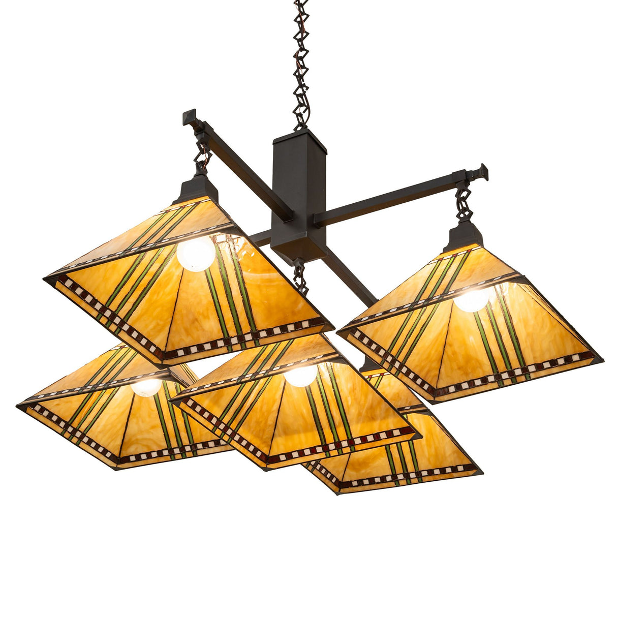 Bottom angle view of chandelier showing geometric glass pattern and warm downward light.
