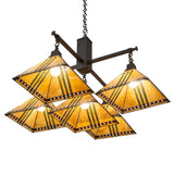Bottom angle view of chandelier showing geometric glass pattern and warm downward light.