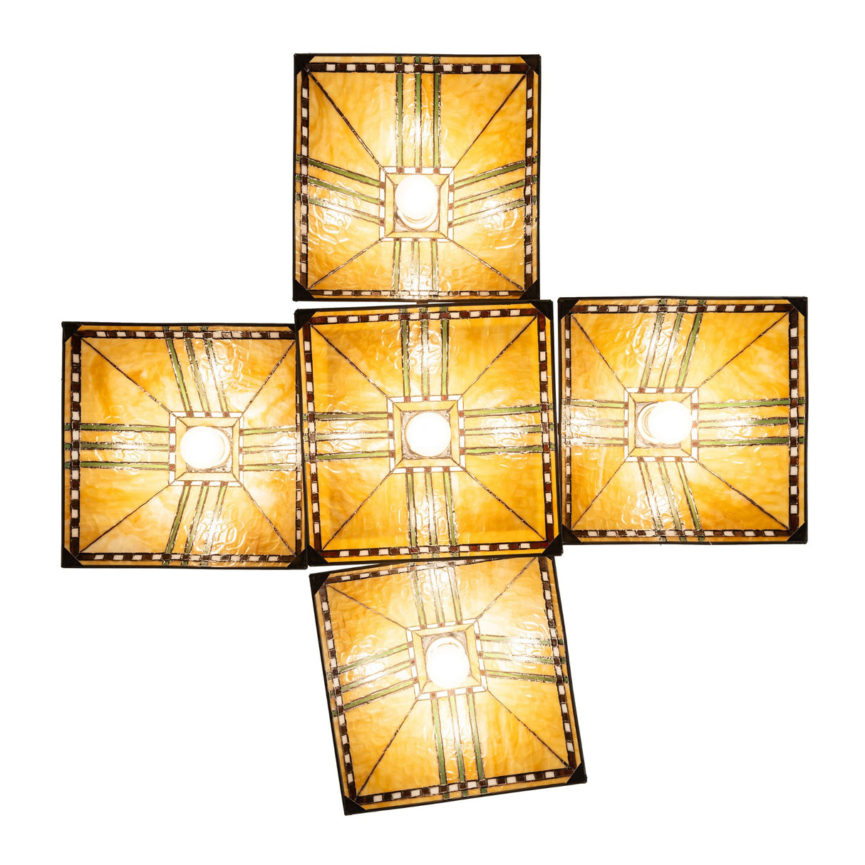 Bottom view of chandelier showing square stained glass shade undersides.