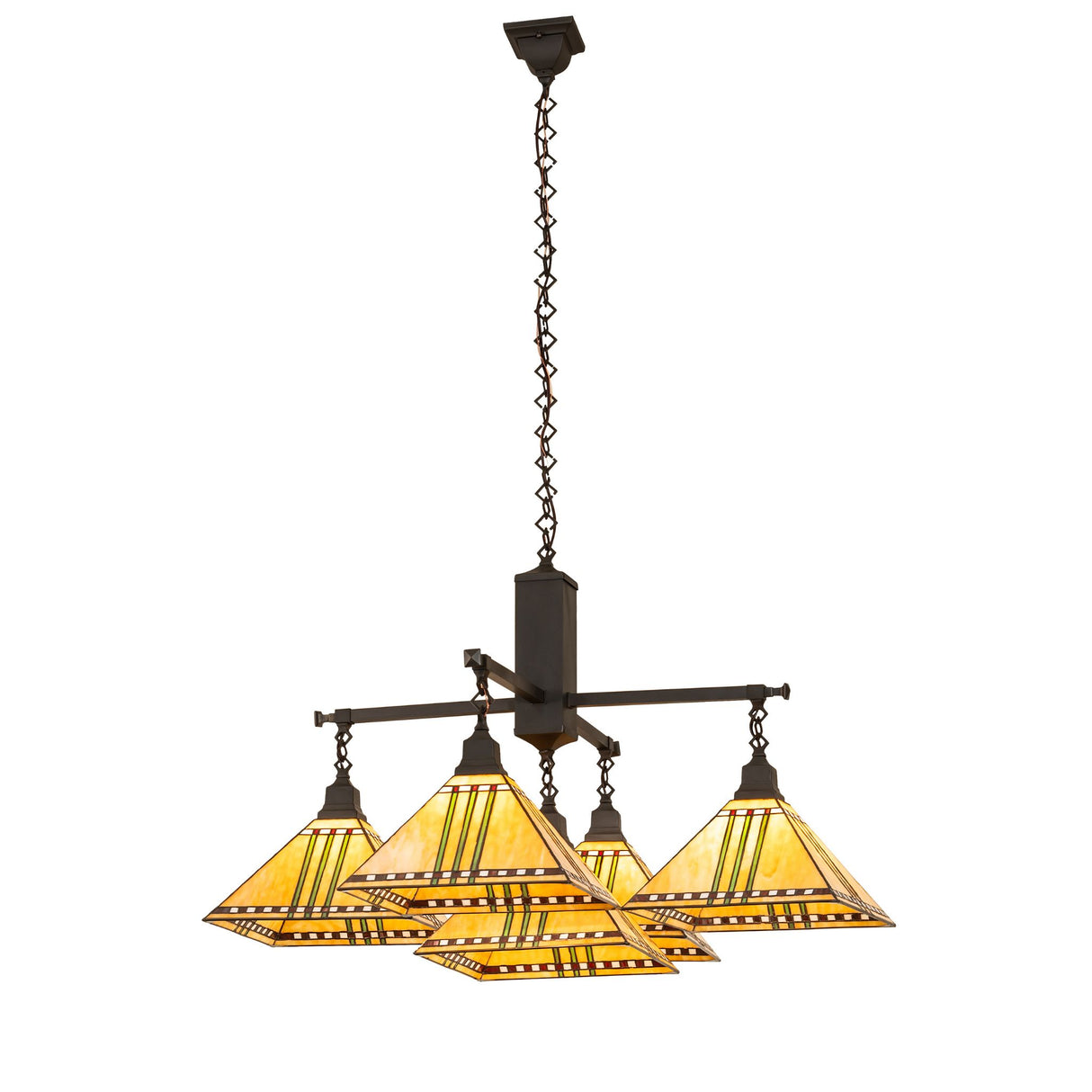 Full view of chandelier showing geometric stained-glass shades and mission-style frame.