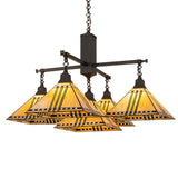 Lit view of chandelier with maize gold-stained glass shades and craftsman brown hardware.