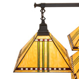 Close-up of stained glass shade with maize gold and chili red wheat details.