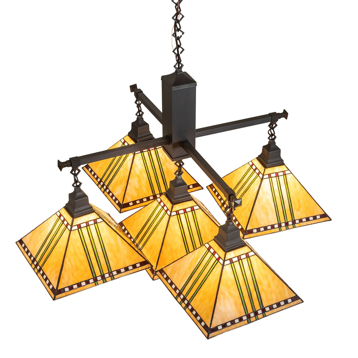Top angle view of 5 light chandelier showing suspension arms, chain, and shades hanging.