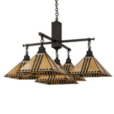 Unlit view of chandelier highlighting stained glass shades and craftsman brown metal frame.