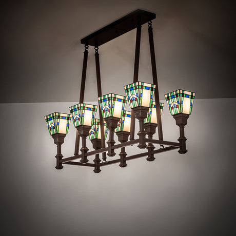 Prairie Wheat oblong chandelier shown illuminated in ambient room setting.
