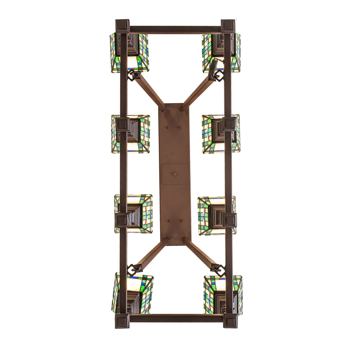 Bottom view of oblong chandelier showing eight stained glass shades arrangement.