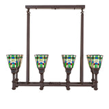 Front view of 8-light oblong chandelier with Prairie school-stained glass design.